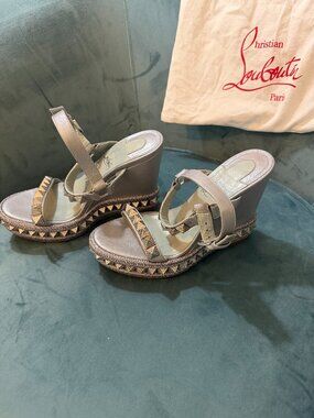 Christian Louboutin Silver Studded Espadrille Wedge Sandals Sz 35
